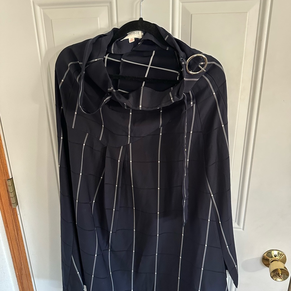 NIC+ZOE Navy Windowpane Belted Tunic with Silver Buckle